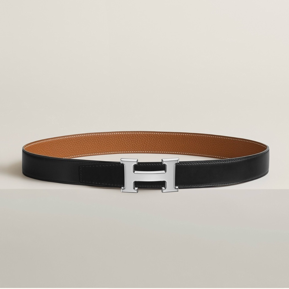 Hermes Reversible Black and Tan Leather Belt with Silver H Buckle